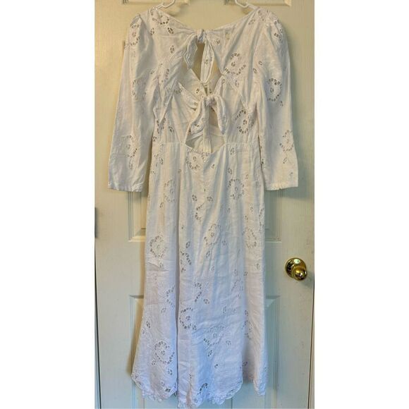 Rebecca Taylor Terri Dress Embroidered White Linen Midi Dress with Tie Back 4 - Picture 5 of 12